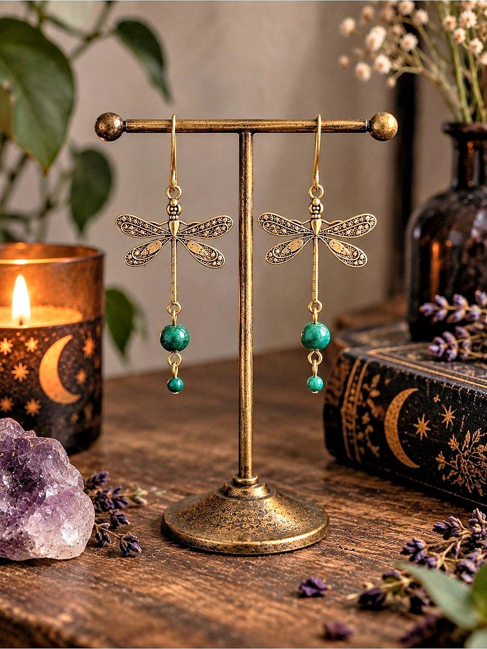 Dragonfly Dangle Earrings in Antiqued Brass & Green